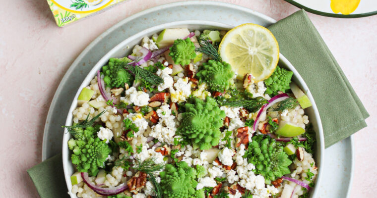 Parelcouscous salade met romanesco, Granny smith appel en Boursin Citroen & Rozemarijn