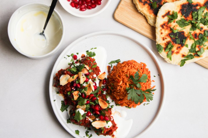 Marokkaanse balletjes in harissa-tomatensaus met tomaat & basilicumrijst
